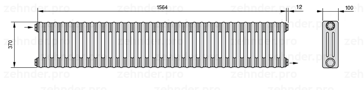 Схема (чертеж) Радиатор Zehnder Charleston 3037/34 №1670 Белый глянцевый RAL 9016